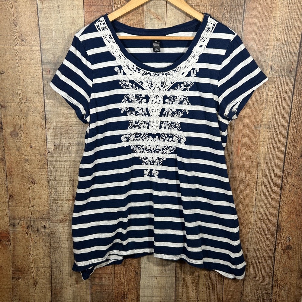 Style & Co XL Navy Blue White Striped Crochet Lace Bib Swing Tunic Blouse Boho